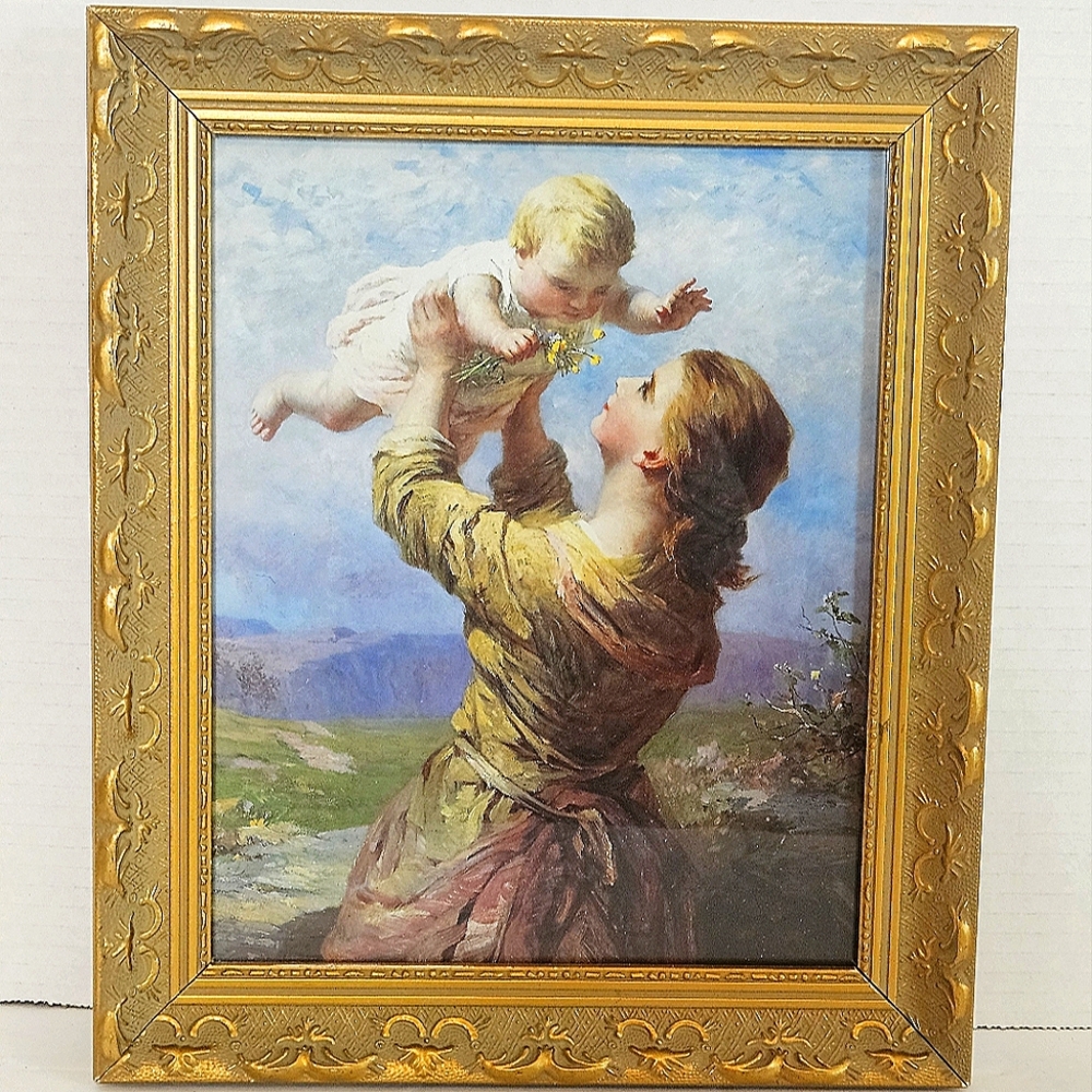 Mother and Child Print in Gold Frame by Famous Artist James John Hill 1812-1877